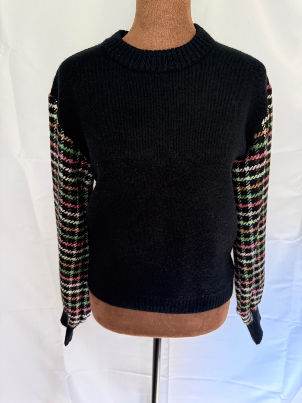 English Factory Black Knit Plaid Checkered Sleeve Sweater Top XS